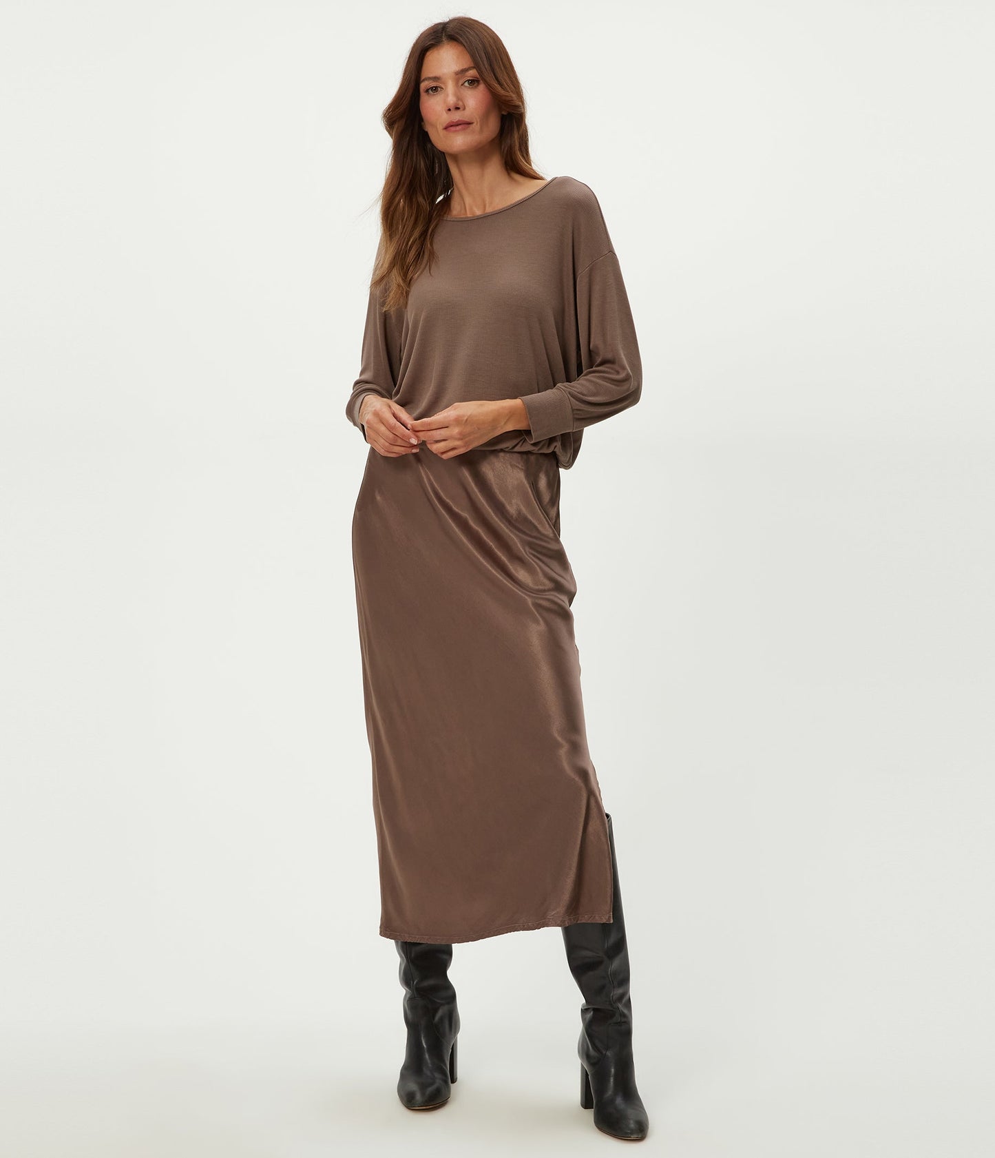 Nadia Mixed Fabric Satin Dress